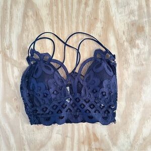 👉Crochet Lace Bralette – Diamond Smocking Back, Removable Pads Navy Blue Size XL